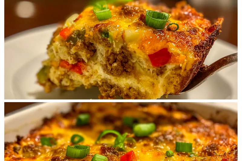 Deliciously baked Gooey Beef Pepper Bake, golden and bubbling with melted cheese.