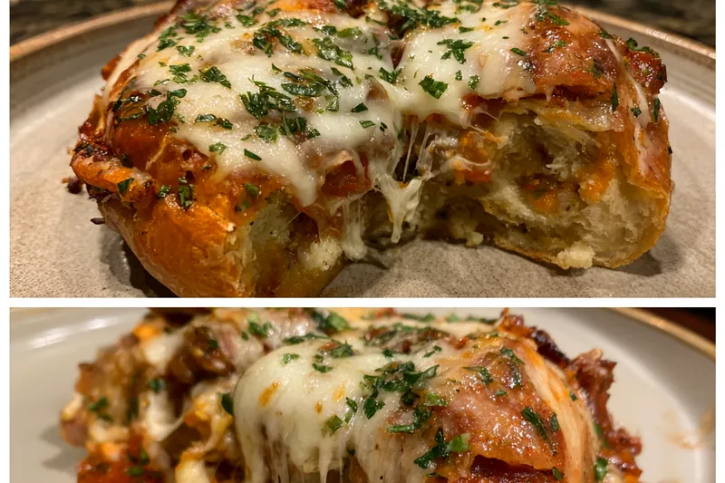 A colorful display of ingredients for Gooey Pizza Pot Pie including chicken, cheese, and vegetables.