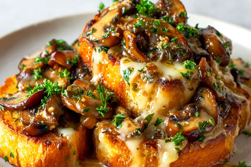 A close-up of cheesy mushroom toasts in the oven, bubbling and golden brown.