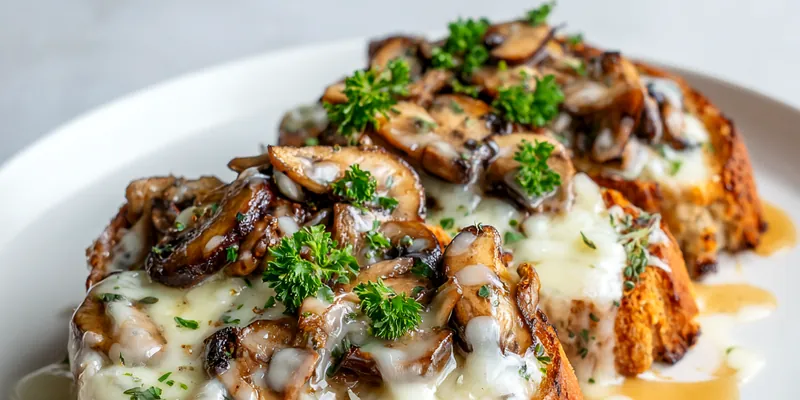 A plate of gourmet cheesy mushroom and garlic toasts garnished with parsley