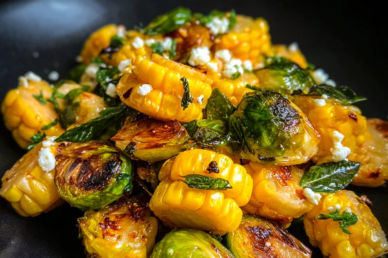 Cooking process for Grilled Corn Brussels Medley