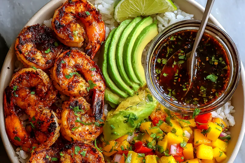 Fresh ingredients for Grilled Shrimp Avocado Bowls