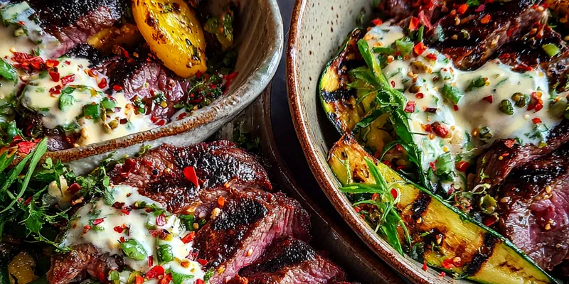 Delicious Grilled Steak with Creamy Zucchini served on a plate