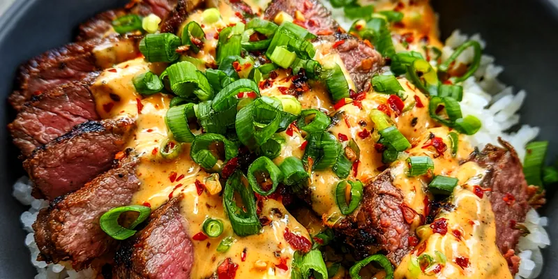Delicious Grilled Steak Rice Bowl served on a plate