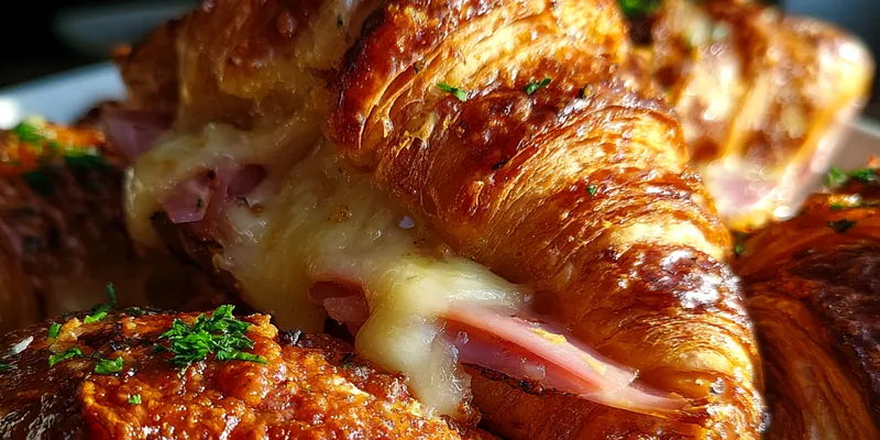 Delicious Ham Cheese Croissant Bake served on a plate