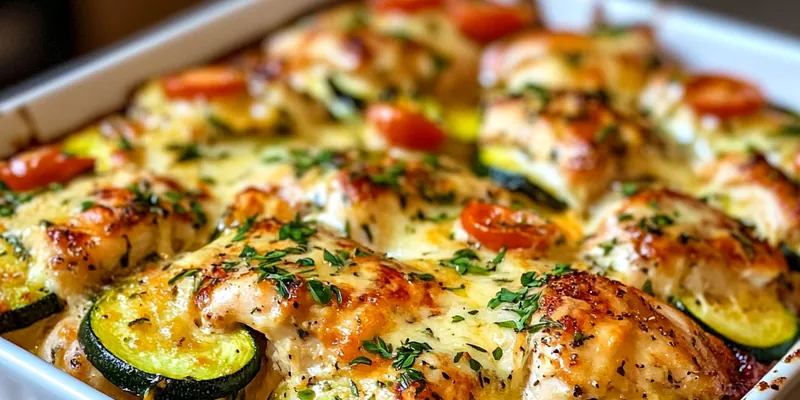 A beautiful presentation of Delicious Chicken Zucchini Bake served in a ceramic dish, garnished with fresh basil.