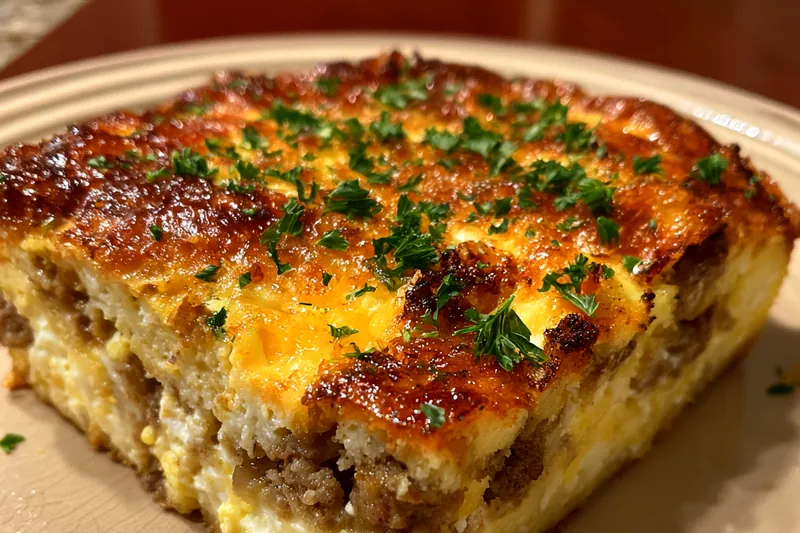 Ingredients for Hearty Sausage Egg Bake including sausage, eggs, cheese, and bread displayed beautifully.