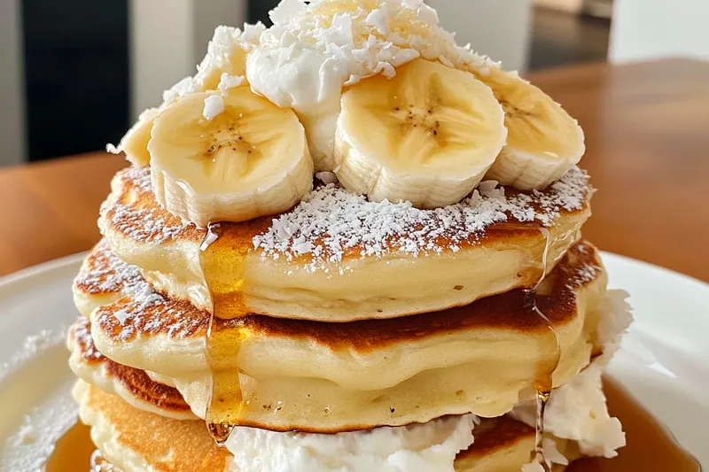 Chef flipping perfectly golden Heavenly Coconut Pancakes on the skillet, showcasing their fluffy texture.
