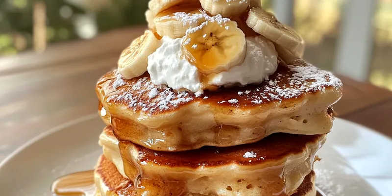 A stack of fluffy Heavenly Coconut Pancakes topped with fresh strawberries and coconut flakes, served on a rustic wooden table.