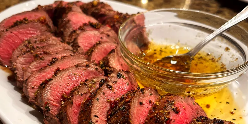 Perfectly cooked herb-crusted beef tenderloin sliced into medium-rare medallions, served with golden garlic butter sauce on an elegant white platter