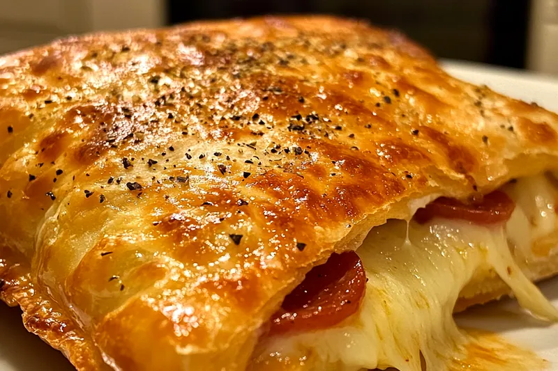 Array of ingredients for Easy Homemade Cheesy Pizza Pockets including flour, cheese, and pepperoni.