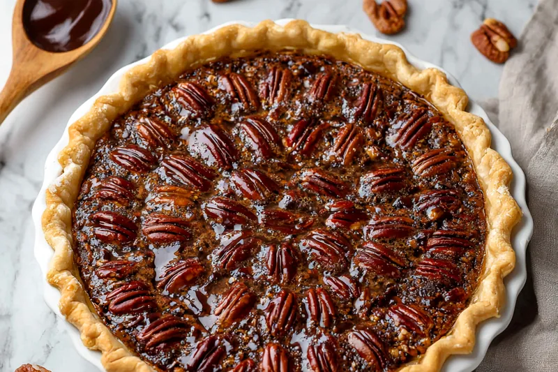 Baking chocolate pecan pie in the oven