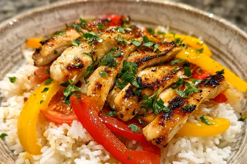 A sizzling skillet filled with honey lime chicken and vibrant bell peppers cooking on the stove.