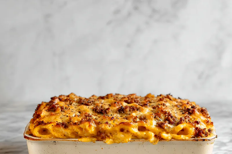 Ingredients for Mac and Cheese Meatloaf Casserole on a wooden table