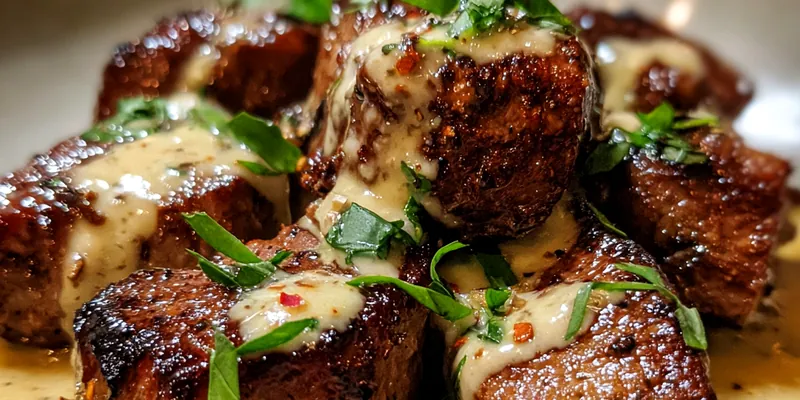 Delicious Juicy Steak with Garlic Sauce served on a plate