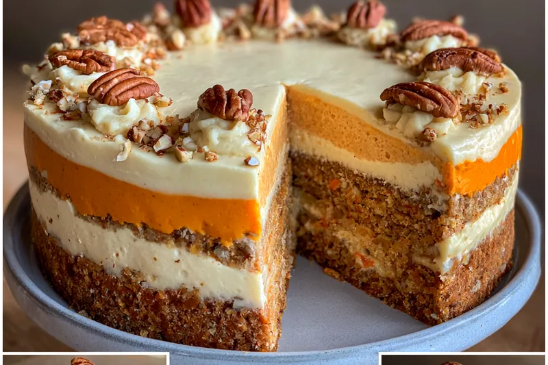 An assortment of ingredients for Layered Carrot Cake Cheesecake laid out on a kitchen counter.
