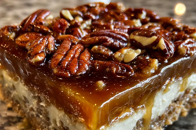 An artistic arrangement of the ingredients for Layered Pecan Delight, including graham crackers, pecans, cream cheese, and sauces.
