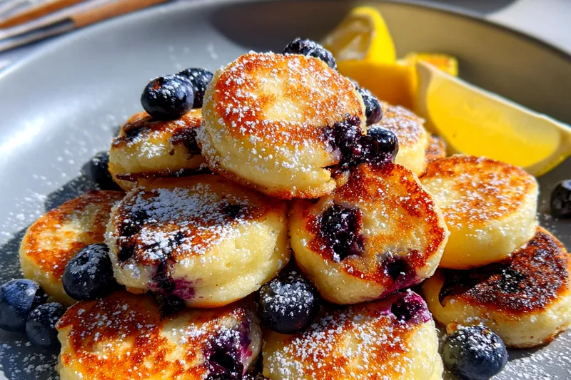 Chef flipping mini pancakes on a skillet, showcasing the cooking process.