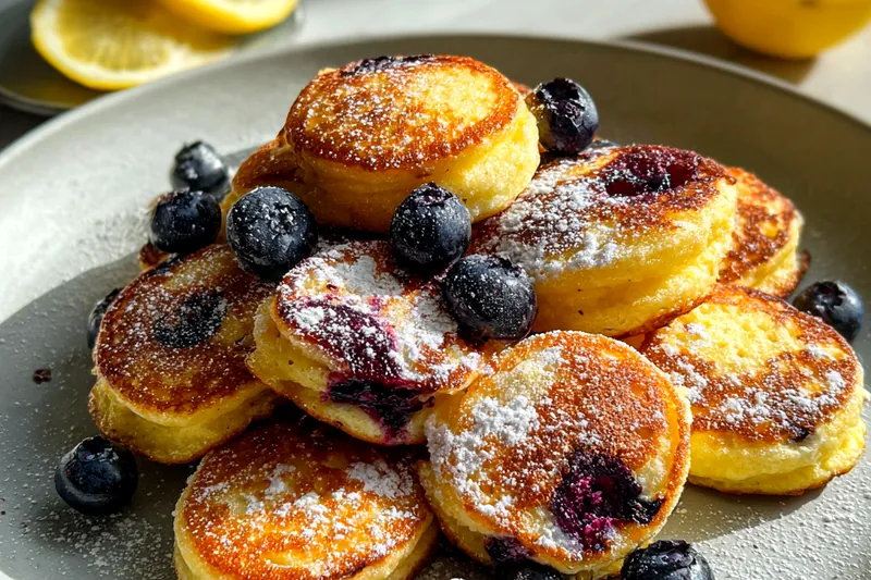 Variety of ingredients for Lemon Blueberry Mini Pancakes, including flour, blueberries, and lemon.