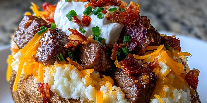 A plate of loaded baked potatoes topped with steak, cheese, and green onions, served on a wooden table.