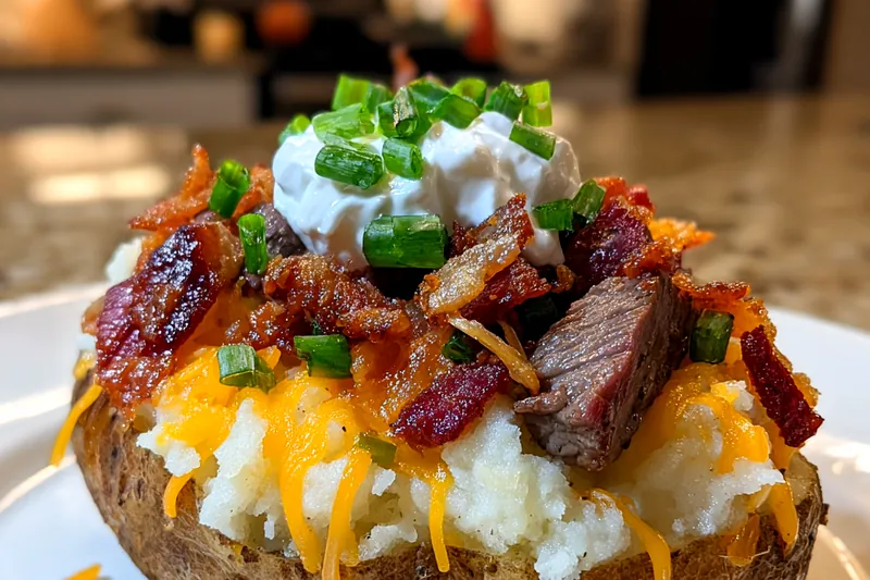 An organized layout of ingredients for Loaded Baked Potatoes with Steak including potatoes, steak, cheese, and toppings.