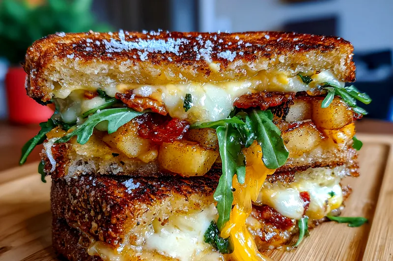 Chef grilling Maple Bacon Apple Grilled Cheese in a skillet, showcasing golden-brown crust and melted cheese.