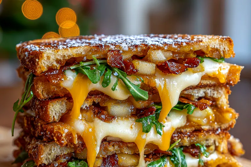 Colorful assortment of ingredients for Maple Bacon Apple Grilled Cheese on a wooden table.
