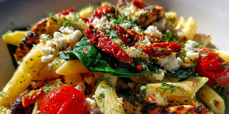 Delicious Mediterranean Grilled Chicken Pasta served on a plate