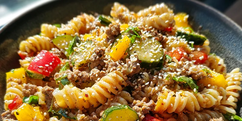 Colorful fusilli pasta with ground beef, bell peppers, zucchini, fresh herbs and sesame seeds in a dark ceramic bowl