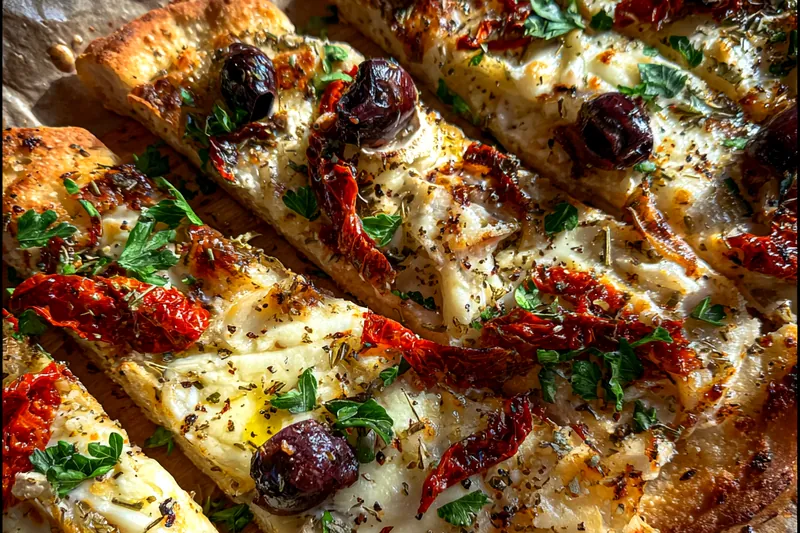 Cooking process for Mediterranean Olive Cheese Flatbread