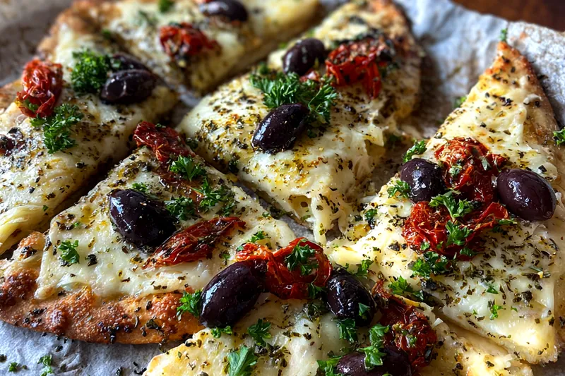 Fresh ingredients for Mediterranean Olive Cheese Flatbread