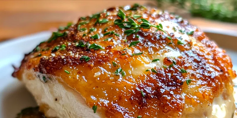 A beautifully plated Crispy Cheesy Chicken Delight garnished with fresh herbs, showcasing its crispy surface and melted cheese.