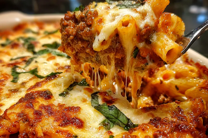 Fresh ingredients for baked ziti including pasta, cheese, and herbs