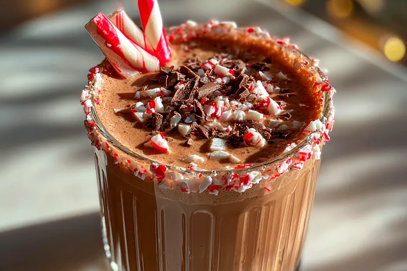 The process of preparing the Festive Peppermint Chocolate Cocktail, showcasing the vibrant colors and creamy texture during mixing.