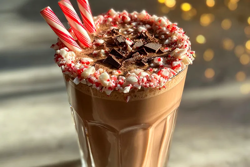 An arranged display of ingredients for the Festive Peppermint Chocolate Cocktail, featuring vodka, chocolate liqueur, peppermint schnapps, and whipped cream.
