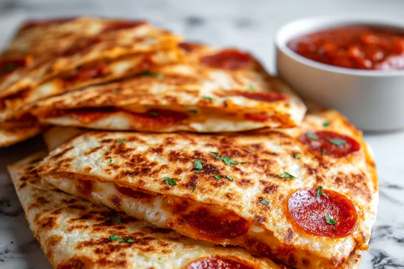Cooking pepperoni pizzadilla in a skillet until golden brown