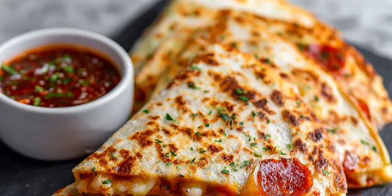 Delicious pepperoni pizzadillas served on a plate with dipping sauce