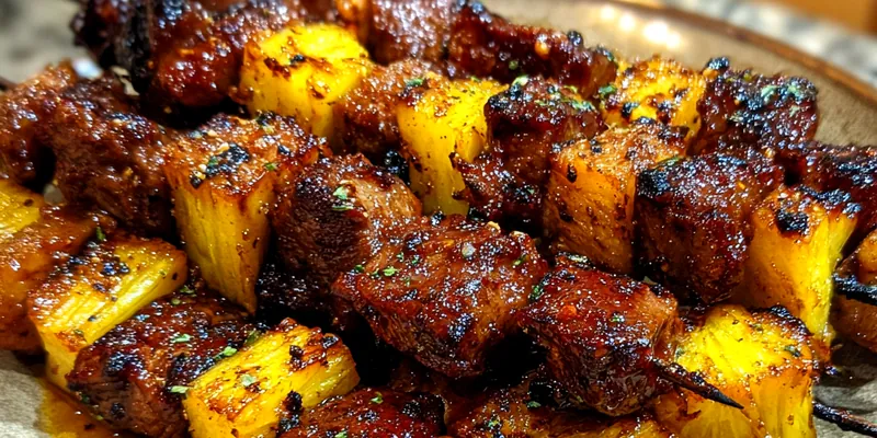 Delicious pork skewers grilled to perfection with vibrant vegetables, served on a rustic wooden platter.