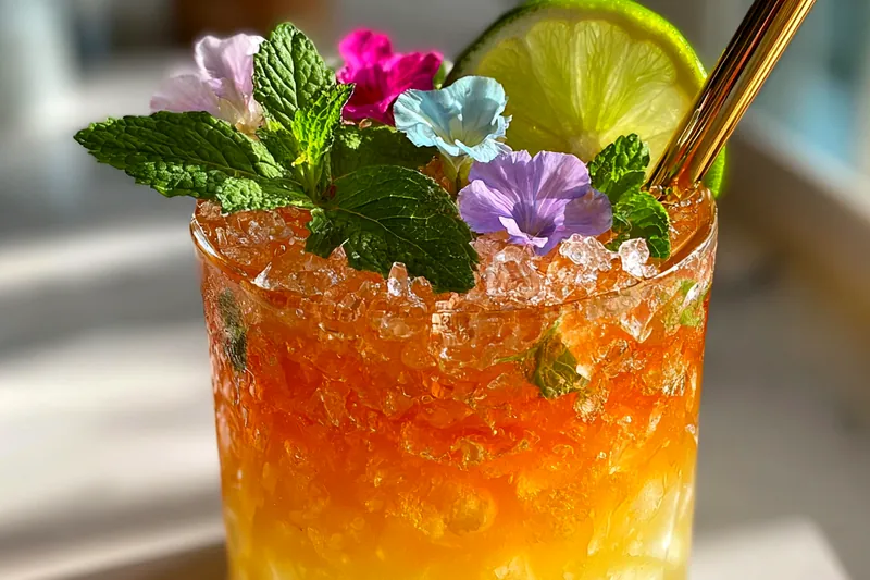 A colorful array of fresh ingredients including pineapple, mango, and limes for Tropical Pineapple Mango Punch.