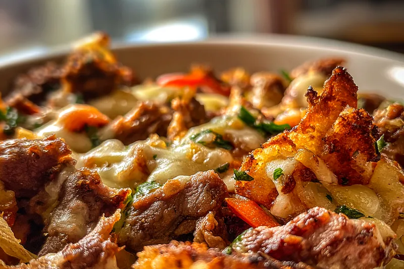 Cooking the ingredients for Philly Cheesesteak Bowl in a skillet.