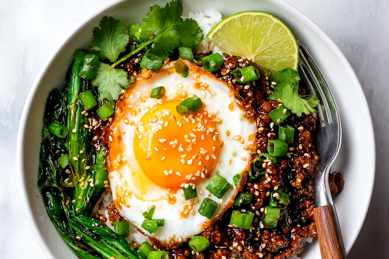 Ingredients for Korean Ground Beef Bowl laid out on a kitchen counter.