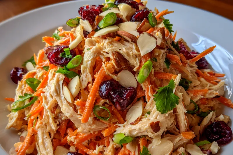 Fresh ingredients for Quick Asian Chicken Salad arranged on a cutting board, including chicken, vegetables, and herbs.