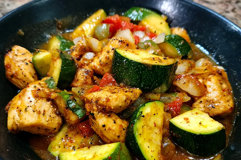 Chef sizzling chicken and vegetables in a hot skillet while preparing Quick Chicken Zucchini Stir-Fry.