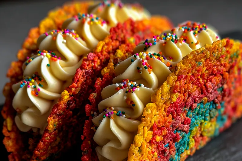 Colorful ingredients for rainbow cereal tacos including Fruity Pebbles cereal, marshmallows, cream cheese, heavy cream, and rainbow sprinkles arranged on a white surface
