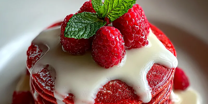 Delicious Red Velvet Pancakes with Cream served on a plate