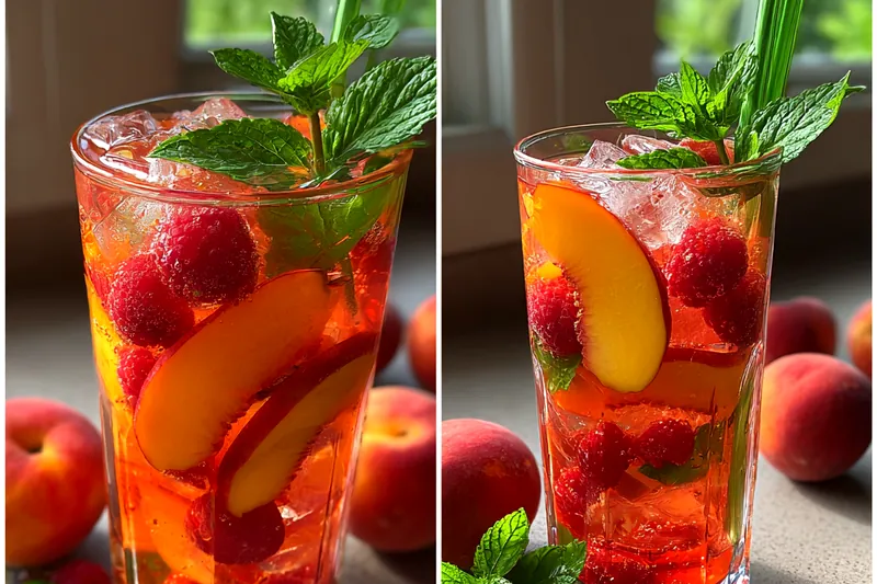 Fresh ingredients for Refreshing Peach Raspberry Beverage