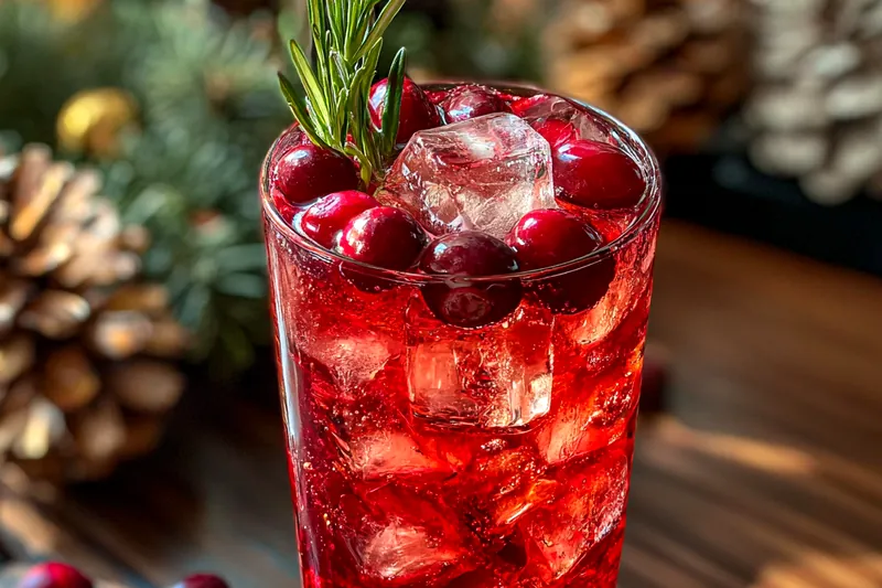 An array of fresh ingredients for Festive Cranberry Cocktail including cranberries, lime, and sparkling water.