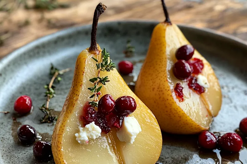 A close-up of the roasted pears with cranberry topping, showing the golden caramelization and texture.