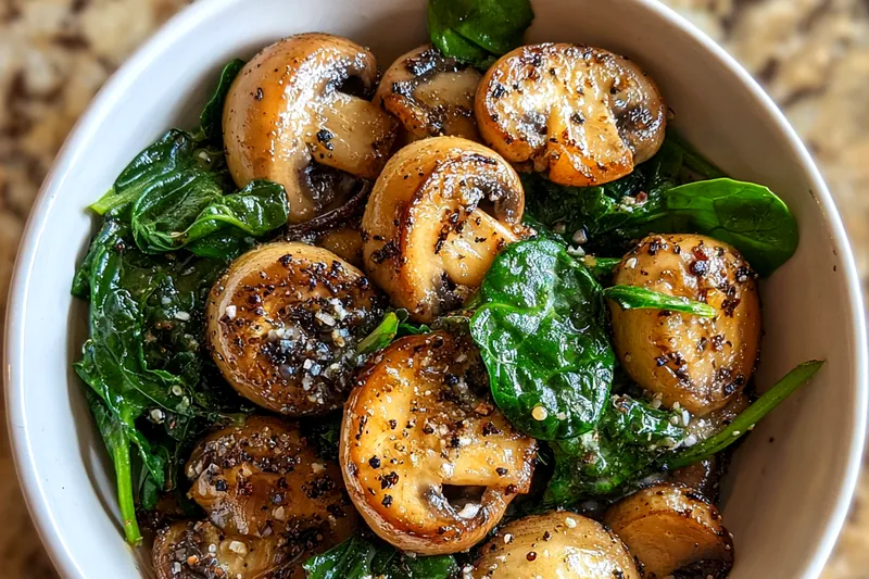 A variety of fresh ingredients including spinach, mushrooms, garlic powder, and olive oil on a wooden table.
