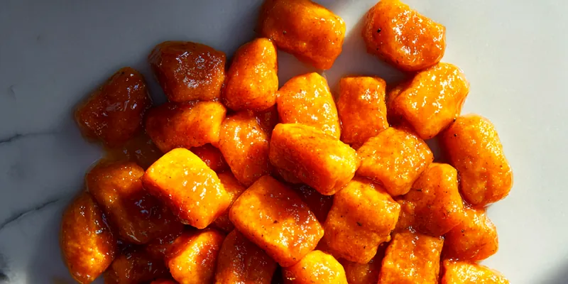 Delicious homemade butternut squash gnocchi served in a creamy sauce.